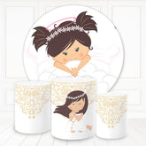 Aperturee Flower Wreath Girl White Theme Round Birthday Backdrop Kit